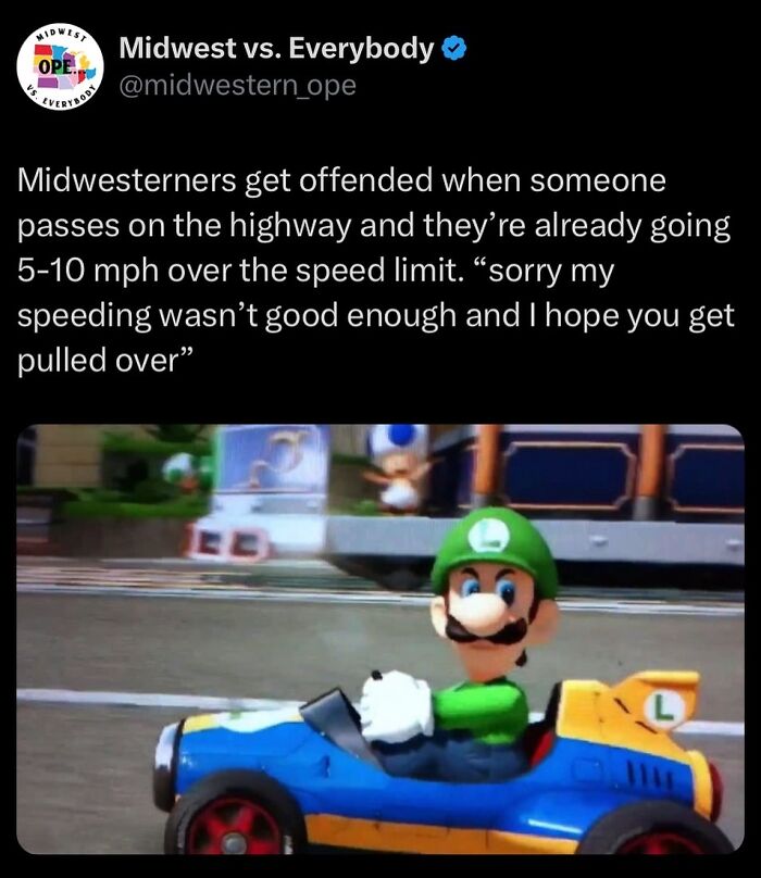 Luigi from Mario Kart driving, illustrating Midwest humor about highway speed limits.