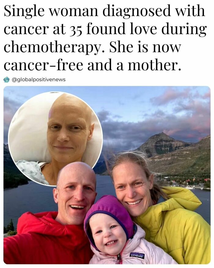 Uplifting story: Woman finds love and motherhood after battling cancer, smiling with family in a scenic setting.