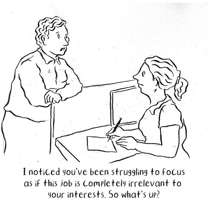 A comic by Madeline Horwath shows two people discussing focus and job relevance at a desk.