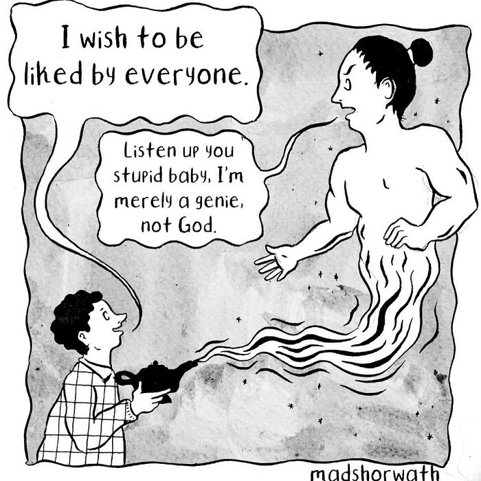 Darkly hilarious comic by Madeline Horwath featuring a genie responding humorously to a wish.