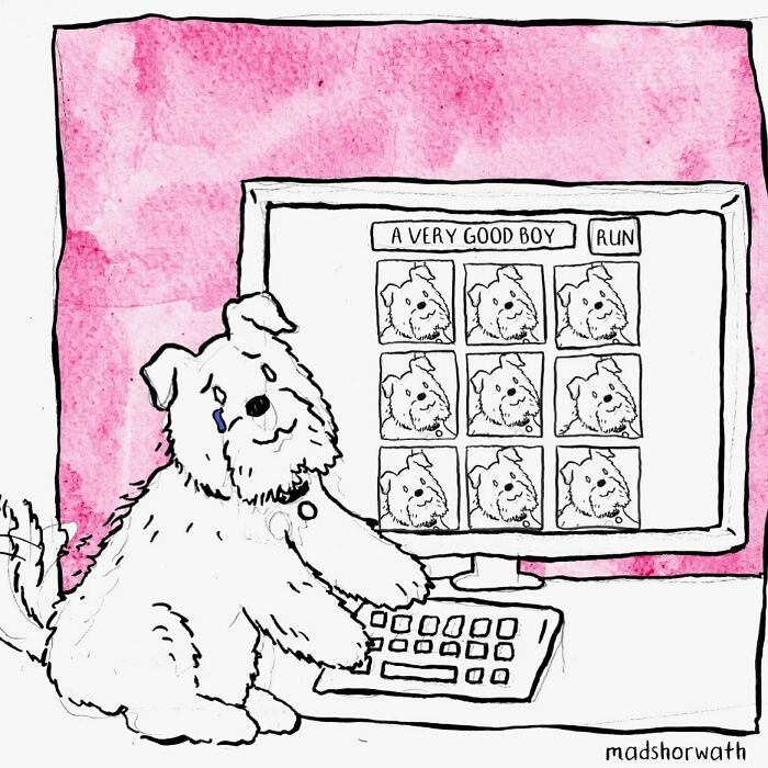 Dog using a computer, playing a humorous game labeled "A Very Good Boy," illustrating comedic genius comics.