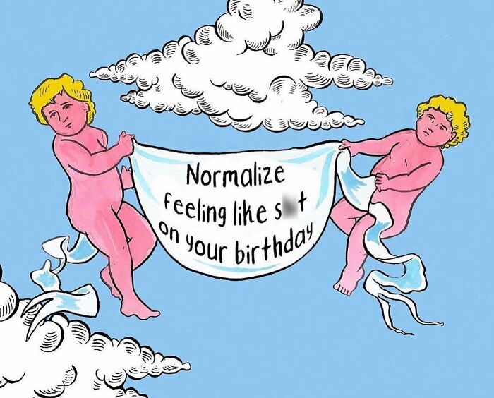 Comic by Madeline Horwath featuring cherubs holding a humorous birthday message in the clouds.