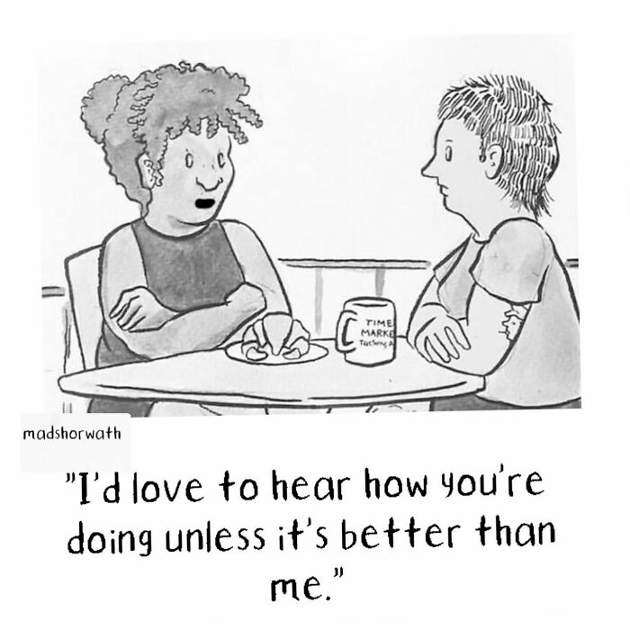 Comedic genius cartoon by Madeline Horwath shows two people chatting at a table with a humorous quote.