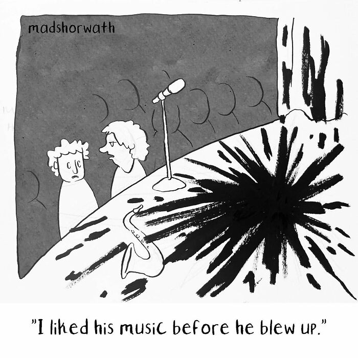 Darkly hilarious comic by Madeline Horwath shows a musician's explosive performance.