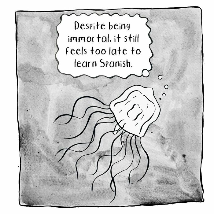 Darkly hilarious comic by Madeline Horwath featuring a jellyfish pondering immortality and procrastination.