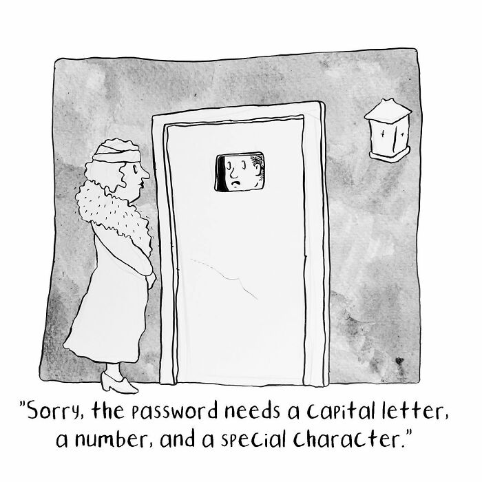 A woman at a door talking to a man behind a slot with humorous password request; darkly hilarious comic by Madeline Horwath.