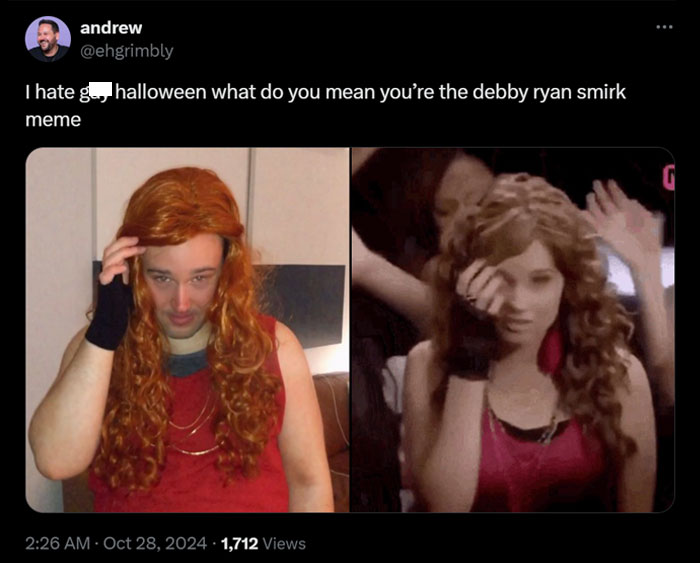 A Debby Ryan meme showing a man dressed as the "Debby Ryan smirk" meme, imitating her iconic smirk and hand gesture from a popular GIF.