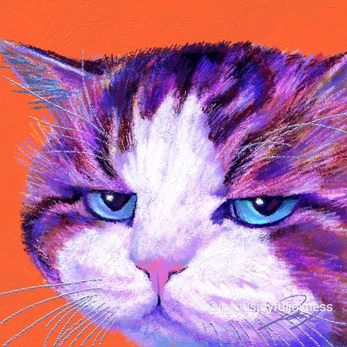 Vibrant close-up cat painting with blue eyes on an orange background.