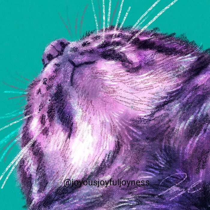 Vibrant close-up painting of a cat with purple and pink hues against a teal background.