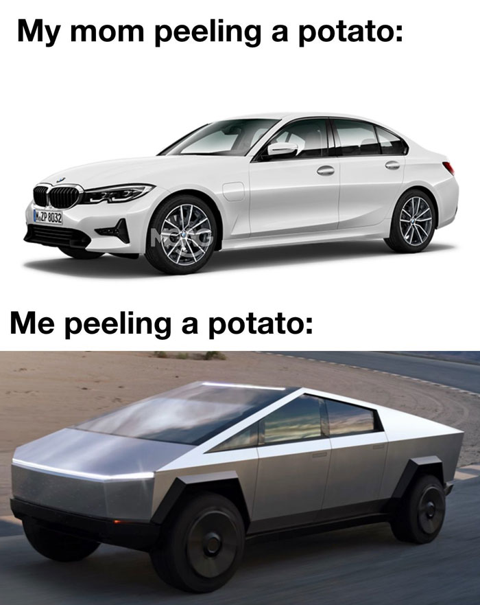 Electric future meme comparing peeling styles with a luxury car and a futuristic truck.