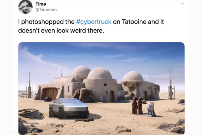 An E meme with a photoshopped cybertruck on Tatooine desert scene, humorously blending electric future with iconic sci-fi backdrop.