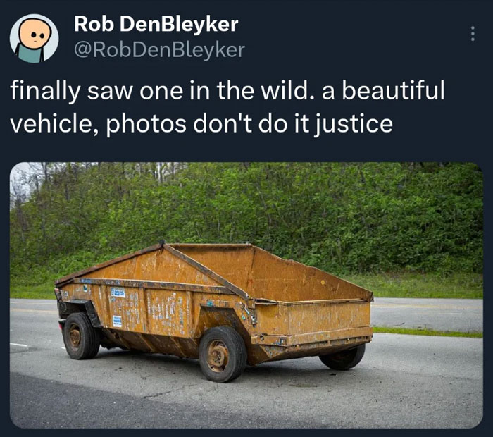 Dumpster wit and humor highlighting electric future meme with makeshift vehicle in a roadside setting.