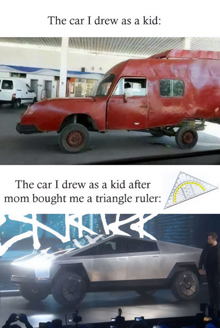 Funny electric future meme comparing a red homemade car with a modern angular design vehicle.