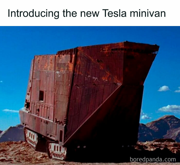 Tesla minivan E meme humorously depicting an electric future with a vehicle resembling a sci-fi sandcrawler.