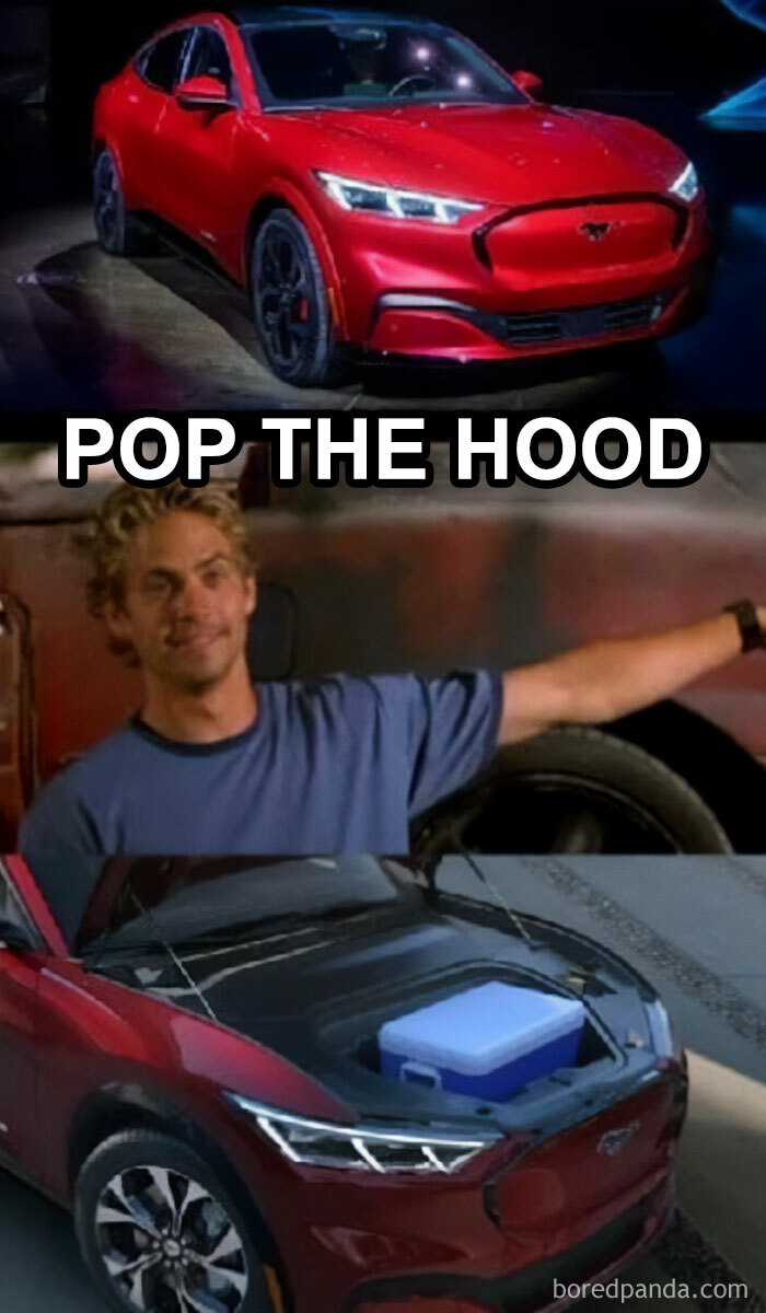 An E meme with a red electric car with open hood, man gesturing humorously with text "Pop the Hood," capturing funny side of electric future.