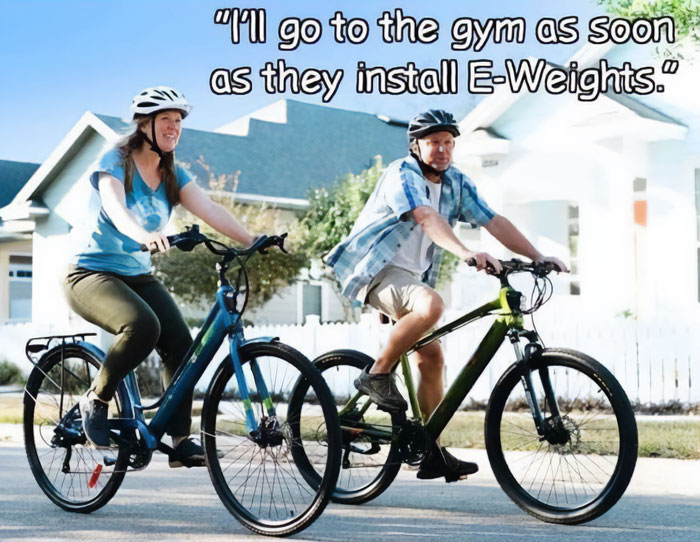 An E meme with a couple riding e-bikes with a funny quote about "E-Weights" in an electric future context.