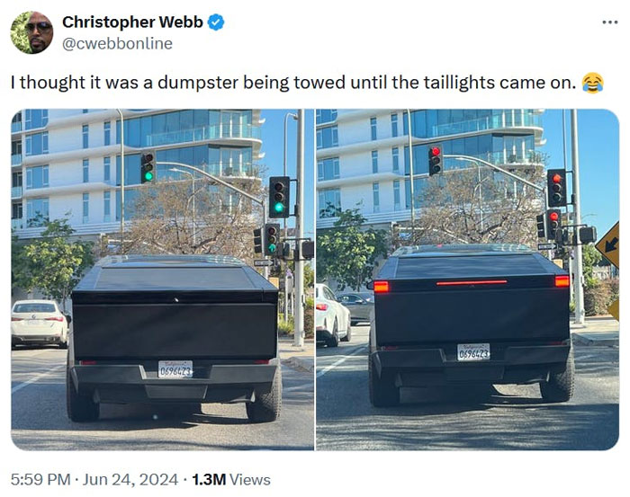 An E meme with a modern electric vehicle humorously compared to a dumpster, capturing a funny side of the electric future.