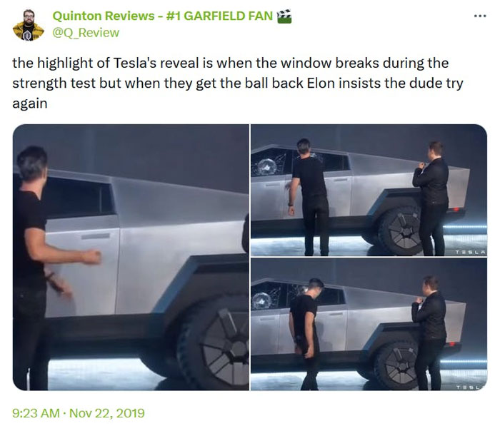 an E meme with Tesla truck window shatters during reveal, showcasing a humorous moment in the electric future.