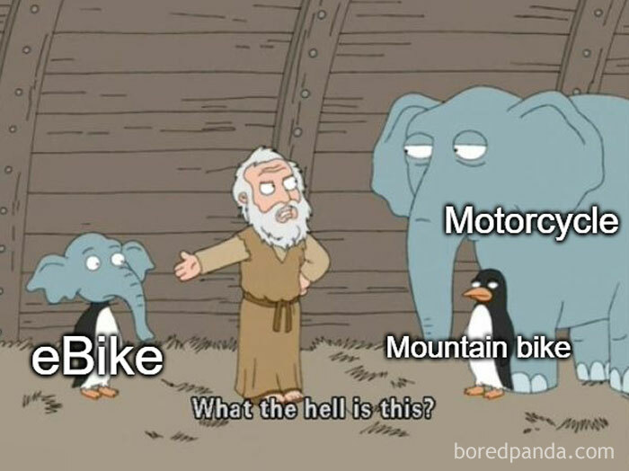 Comic E meme humorously depicting varied bikes, including eBike, referencing the funny side of electric future.