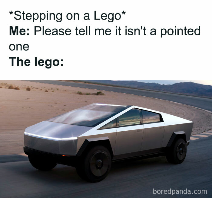 Electric future meme: humorous image comparing stepping on a LEGO to a futuristic vehicle.