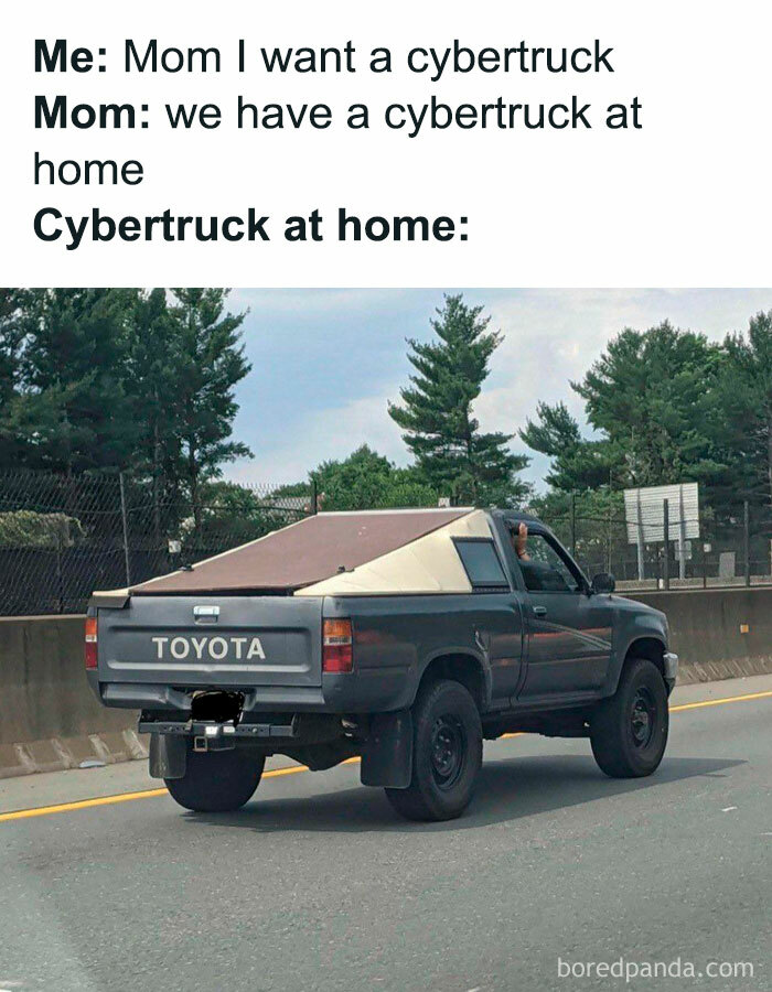 An E meme with a Toyota truck modified humorously as a homemade cybertruck.