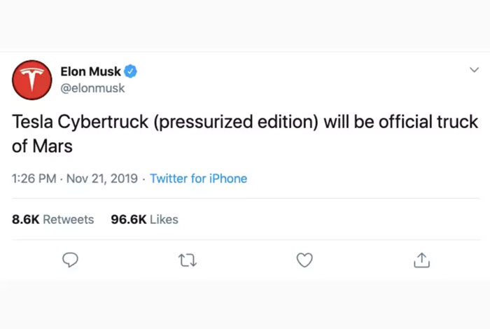 Tweet about Tesla Cybertruck being the official Martian truck, highlighting the funny side of the electric future.