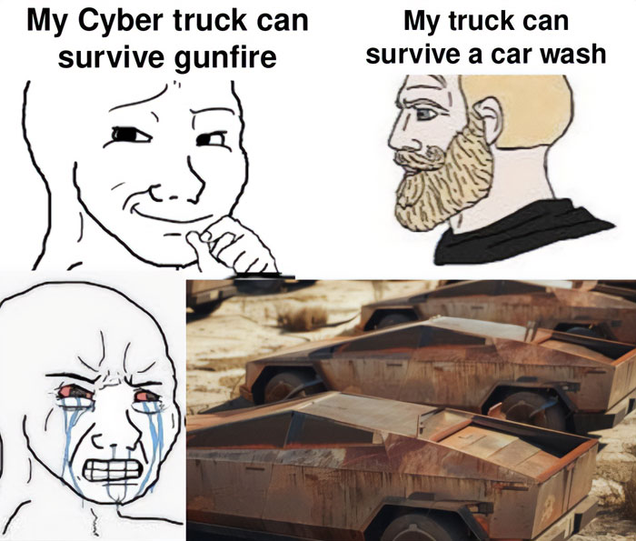 An E meme comparing Cybertruck's gunfire vs. car wash survival, humorously highlighting the electric future.