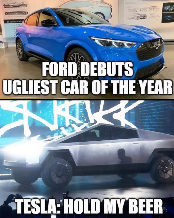 Electric future meme featuring a blue Ford and a silver Tesla with humorous captions.