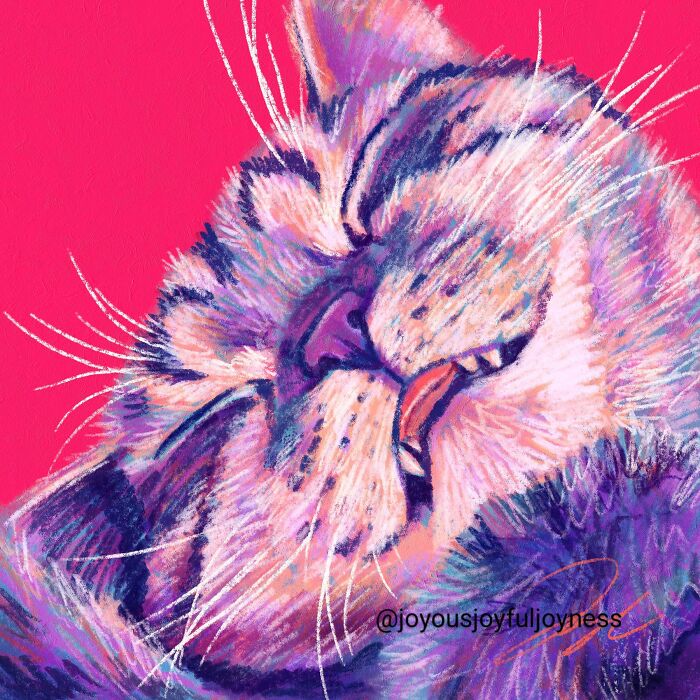 Vibrant close-up painting of a cat with pink and purple hues, sleeping blissfully against a bright pink background.