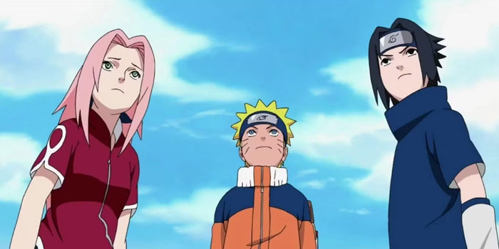 A famous trio from an anime series featuring Naruto, Sasuke, and Sakura standing together, looking upward against a blue sky.