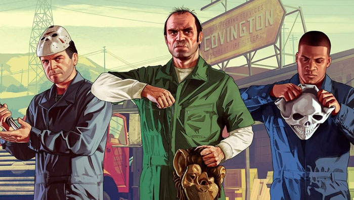 A famous trio from Grand Theft Auto V, featuring Michael, Trevor, and Franklin dressed in jumpsuits and holding masks in a gritty, industrial setting.