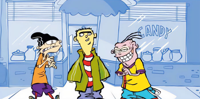 A famous trio from Ed, Edd n Eddy, featuring Ed, Edd (Double D), and Eddy standing together in front of a candy store, each with distinct expressions.