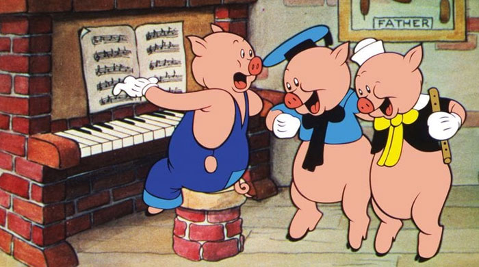 A famous trio from The Three Little Pigs, featuring the three pig brothers joyfully singing and playing music by the piano in a cozy room.