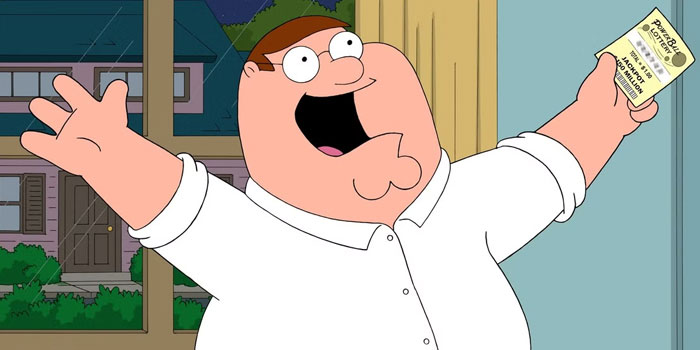 A fat cartoon character, Peter Griffin, excitedly holding a lottery ticket with arms wide open, standing inside a house near a window.