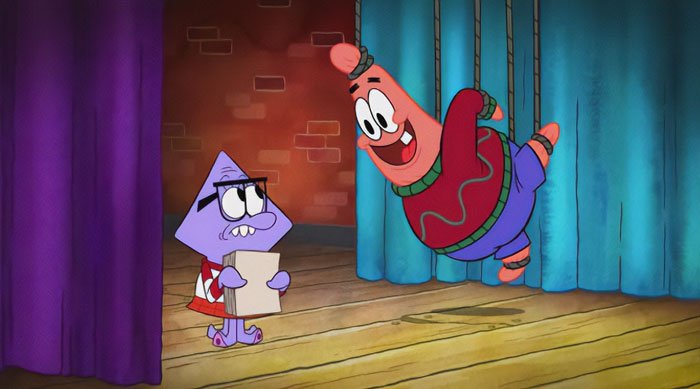 A fat cartoon character, Patrick Star, wearing a sweater, swings excitedly on ropes beside a nervous-looking purple character holding papers on stage.