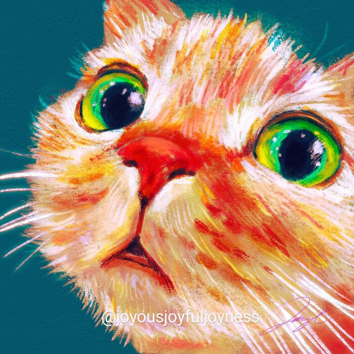 Vibrant close-up cat painting with colorful fur and striking green eyes, creating a mesmerizing effect.