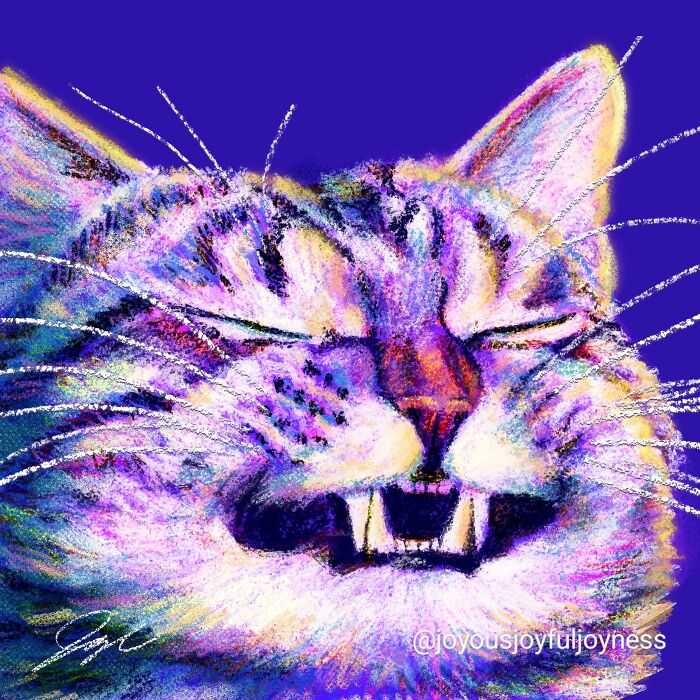 Vibrant close-up cat painting with bright colors and intricate details, set against a deep purple background.