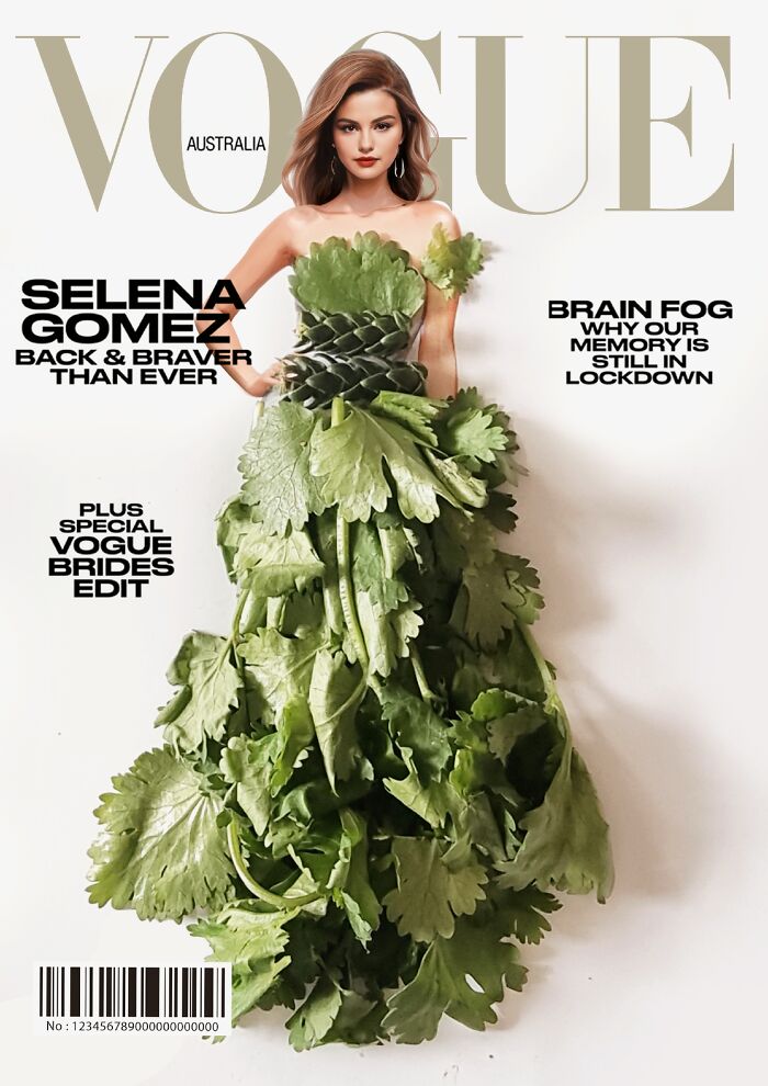 Iconic magazine cover with a model in a dress made of leaves, blending fashion with nature.