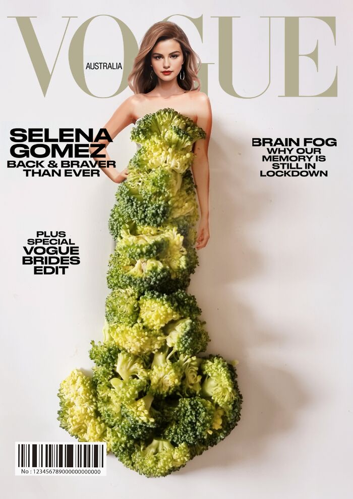 Iconic magazine cover reimagined with woman wearing a broccoli dress, showcasing creativity with flowers and vegetables.