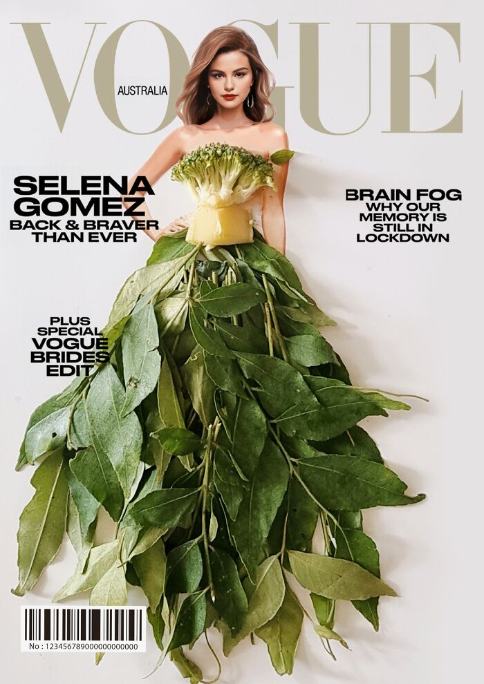 Model in a Vogue cover wearing a dress made of flowers and vegetables, reimagining iconic magazine looks.