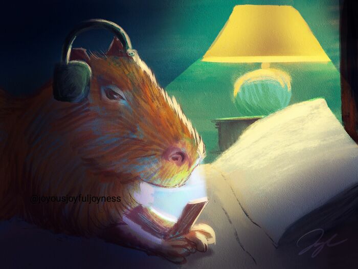 A relaxed capybara wearing headphones, lying in bed with a phone, illuminated by a lamp.