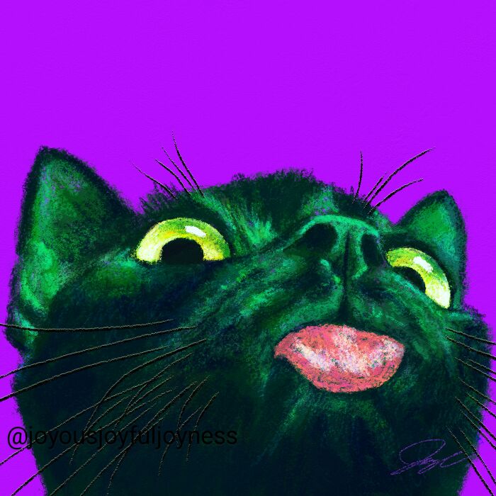 Vibrant close-up painting of a cat with green fur and wide eyes, set against a purple background.