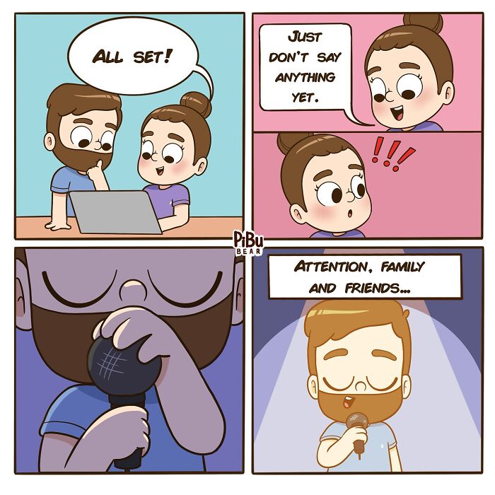 Adorable couple comic by Pibubear showing a man making an announcement, surprising his partner.