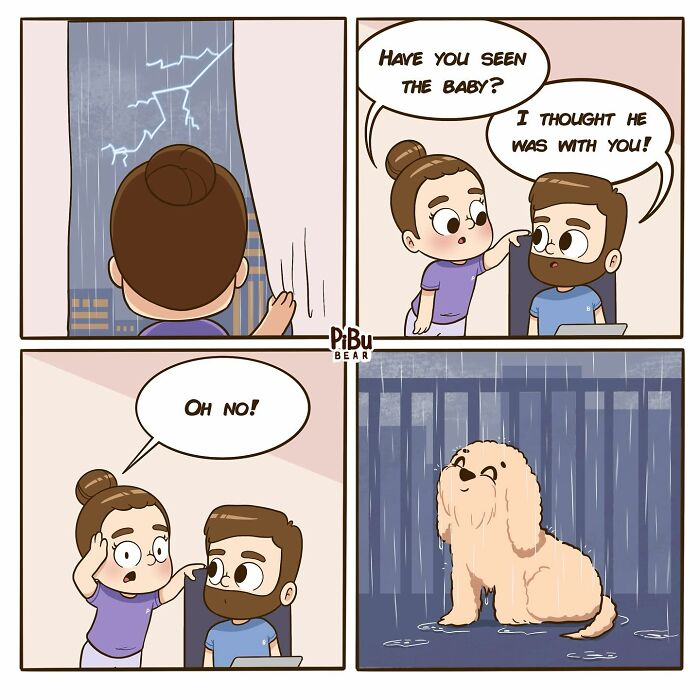 Adorable couple comic by Pibubear: couple worried about their baby, reveal a wet dog outside in pouring rain.