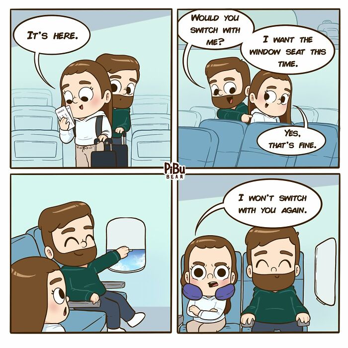 Couple comic by Pibubear showing a humorous exchange about switching airplane seats for the window view.