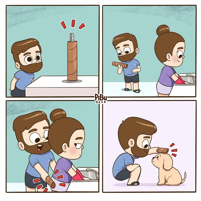 Adorable couple comic by Pibubear showing a humorous moment of sharing chores and a puppy interaction.