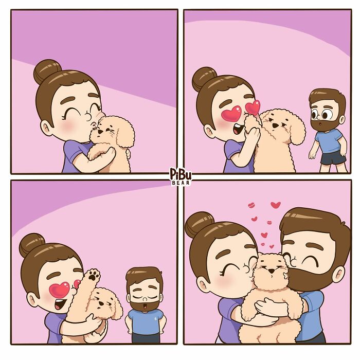 Cute couple comics by Pibubear featuring a couple hugging their fluffy dog with hearts floating around.