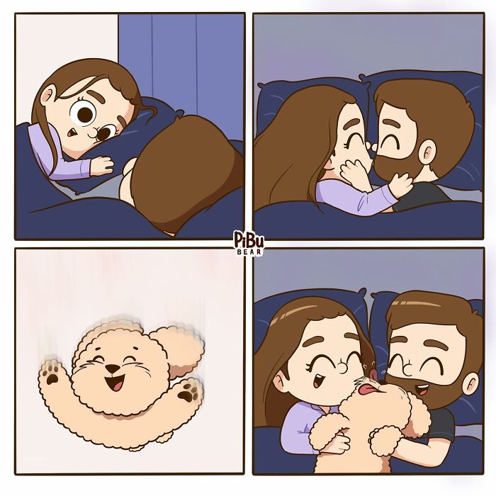 Couple cuddling in bed, surprised by a fluffy dog, by Pibubear. Adorable comic strip showcasing relatable couple moments.