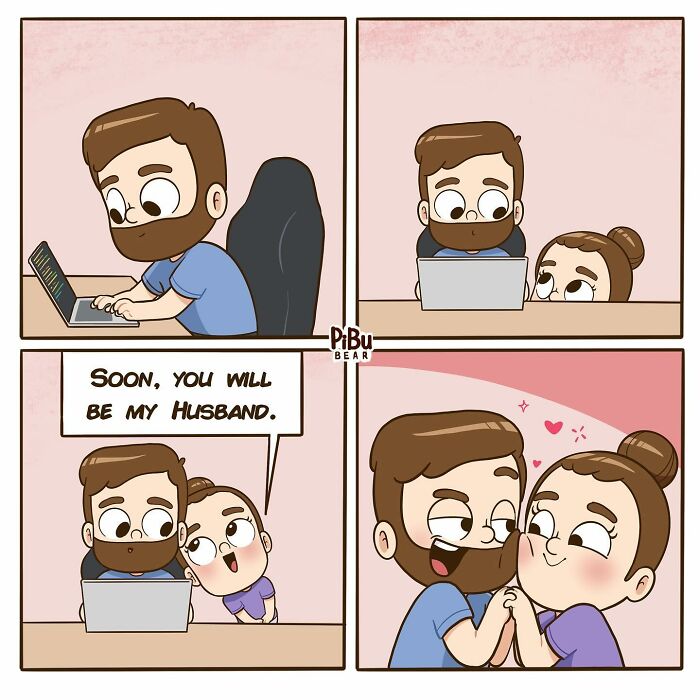 Adorable couple comic by Pibubear, featuring a sweet moment between partners at a desk with a proposal theme.