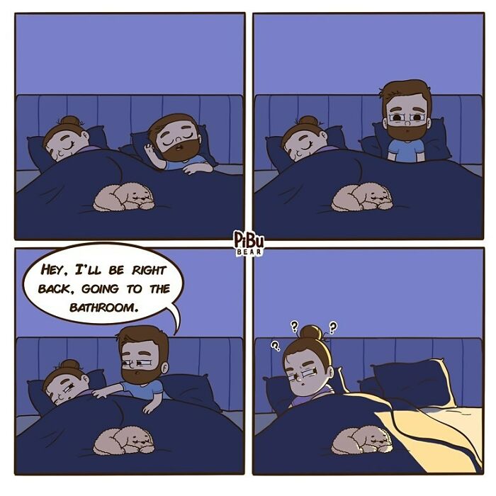 Couple comic by Pibubear showing a humorous bedtime moment with a dog in bed.